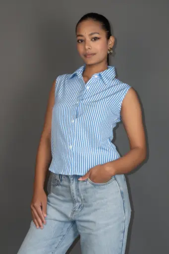 3.27932 HB SS25-177 CROP STRIPE SHIRT (BLUE, S)